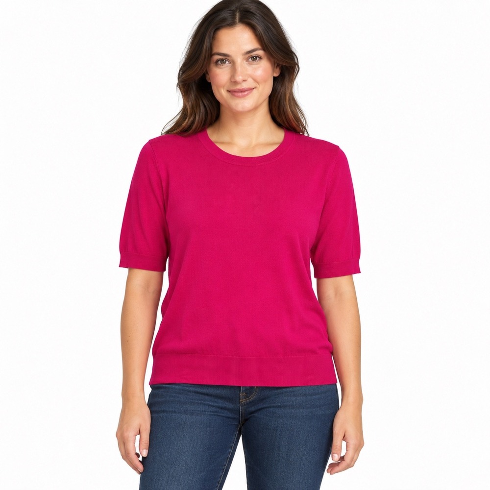 Zara Pink Knit Sweater Large Short Sleeve Crew Neck Soft Cozy Barbiecore